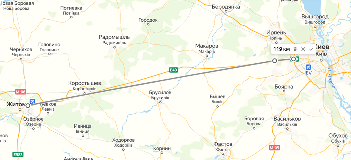 Житоммр - Киев. Яндекс.Карты