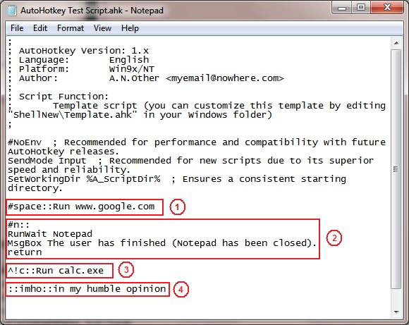 Пример скрипта AutoHotkey с назначением клавиш для перехода на сайт Гугла (1), запуска блокнота (2), калькулятора (3) и автозамены текста (4)