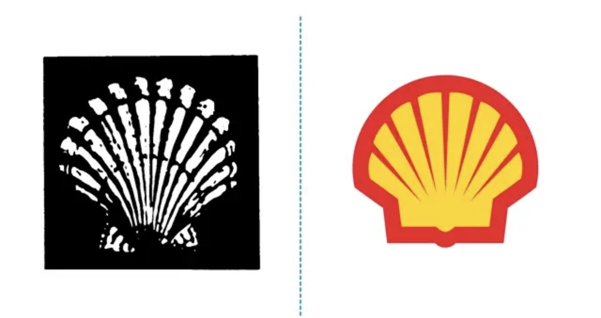 9. Shell Oil (1904 год)

История нефтяного гиганта Shell началась с продажи экзотических ракушек и других колониальных товаров в антикварном магазине. Компания Маркуса Сэмюэла привозила эти товары из Индии, а в какой-то момент её суда стали перевозить в Индию керосин.
Сначала на логотипе компании была изображена раковина мидии.

Но 1904 году её сменил более «фотогеничный» гребешок.
Изображение раковины на знаке постепенно менялось в соответствии с графической модой, пока не стало таким, каким мы его видим сейчас: геометричным и простым.