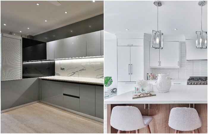 Мебель для современных кухонных интерьеров может обладать как глянцевыми, так и матовыми текстурами