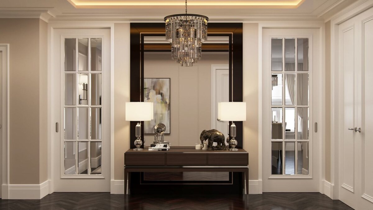 Белые двери неоклассика в интерьере 