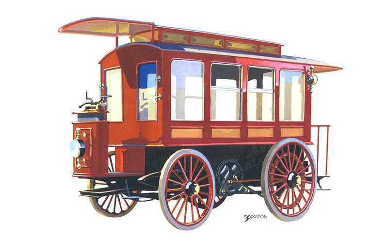 Художник: А. Захаров. Электрический омнибус И. В. Романова, 1899 г.