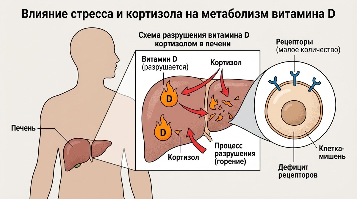 Хронический стресс не только уменьшает количество витамина, но и портит «антенны» для его приёма