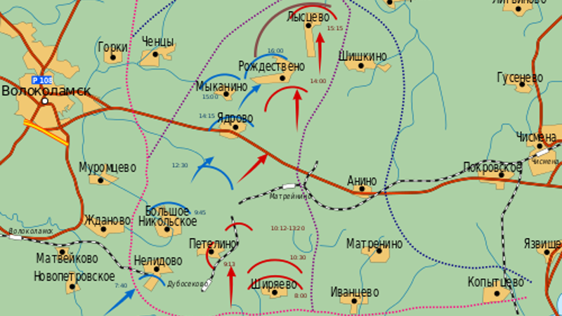 Прорыв немцев на Волоколамском направлении. Пояснения: 1. Красный пунктир — линия фронта на вечер 15 ноября 1941 года; 2. Фиолетовый пунктир — она же на вечер 16 ноября; 3. Разъезд Дубосеково показан мелким шрифтом внизу слева; 4. Красные и синие стрелки — продвижение двух немецких боевых танковых групп