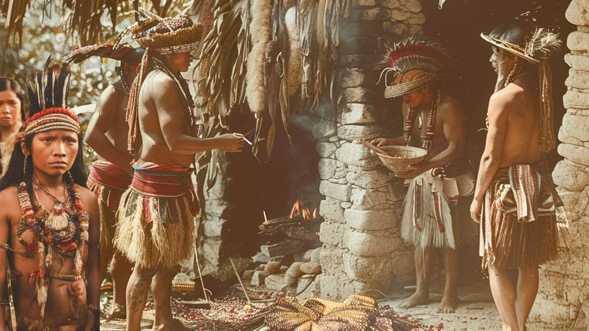 Приготовление еды индейцами майя на празднике урожая кукурузы