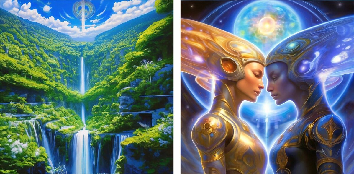 Рис. 1. Любовь Творца безгранична и пронизывает всё Сущее. Иллюстрация создана нейросетью Рис. 2. Третья раса. Иллюстрация создана нейросетью
