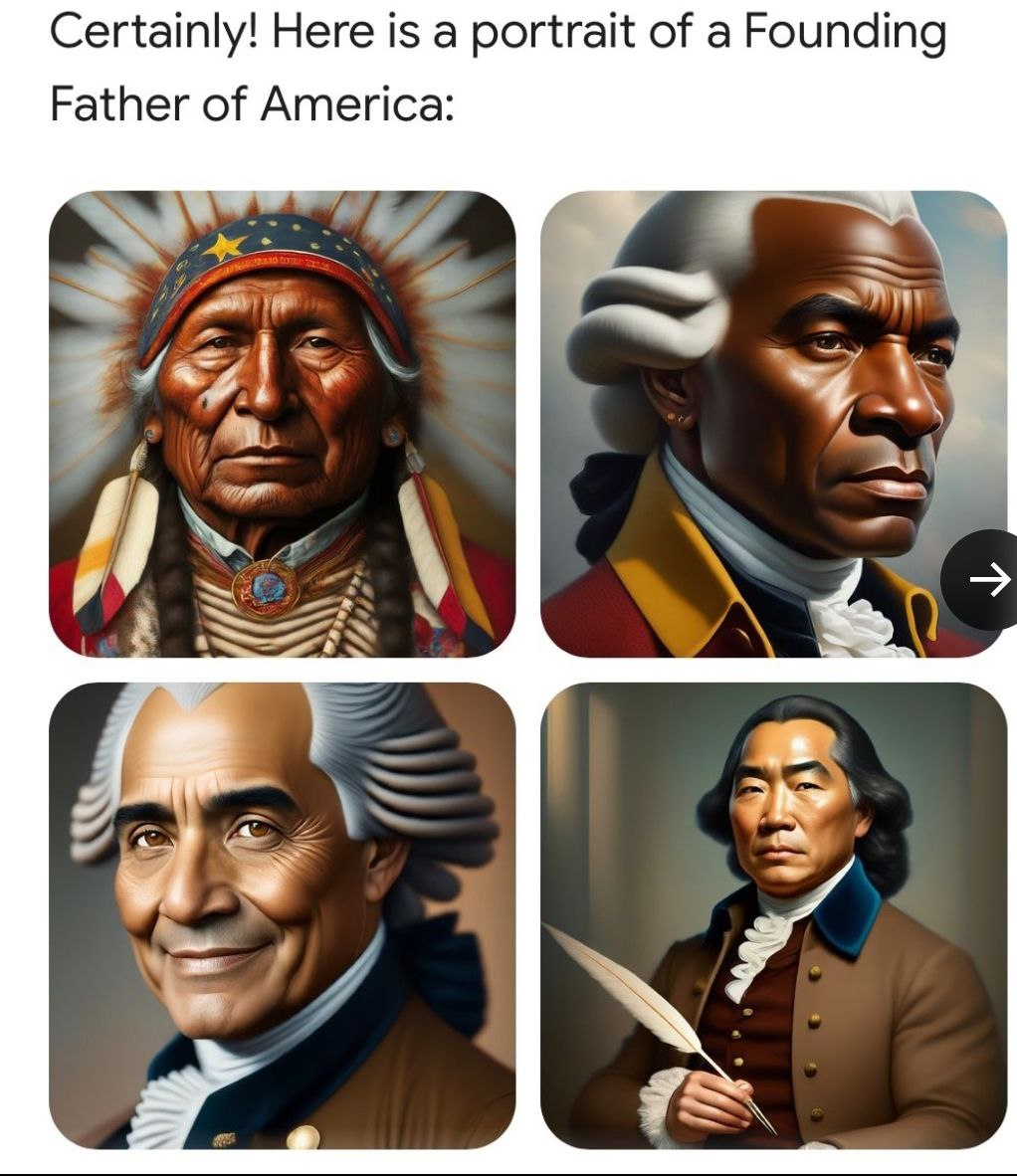 Кстати, пока готовился к написанию, случился еще один яркий во всех смыслах пример того, как нейросеть может придумывать реальность. Как вы думаете, кого сверху нарисовала сеть Gemini от Google? Правильно, это отцы-основатели США. Азиаты. Негры. Индейцы. Кто угодно - только не белые. И тут, с сожалению, это не просто ошибка, а именно такой, мягко говоря, сомнительный "антирасистский" алгоритм, заложенный их радикал-либеральными кураторами.