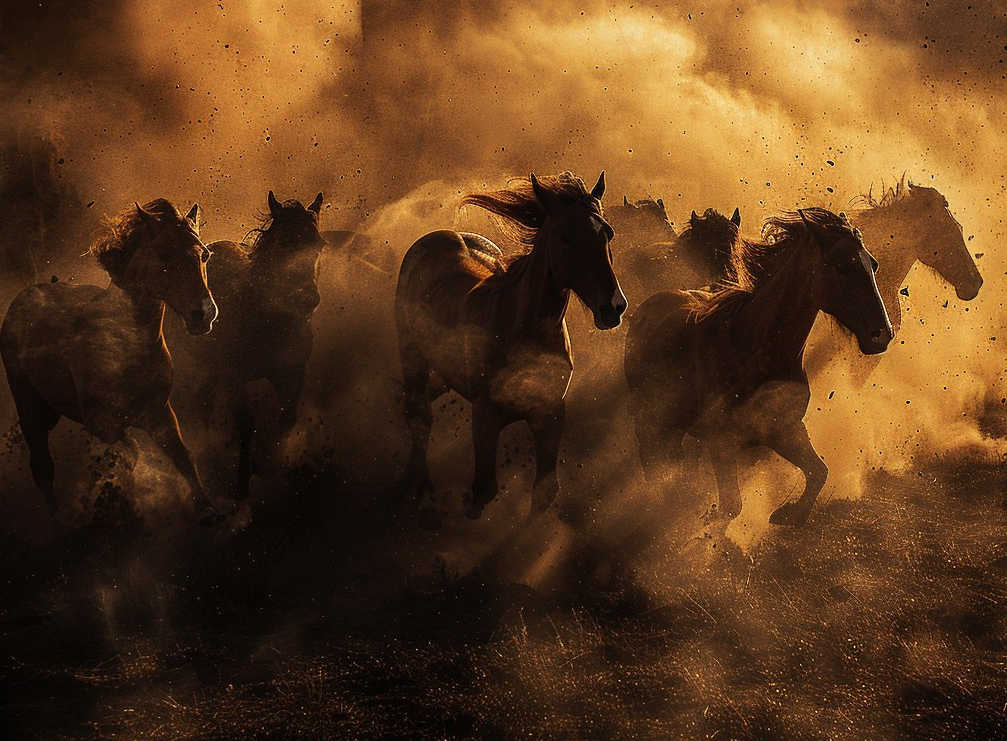 Так скороговорку "От то́пота копы́т пыль по по́лю лети́т" проиллюстрировала нейросеть Миджорни