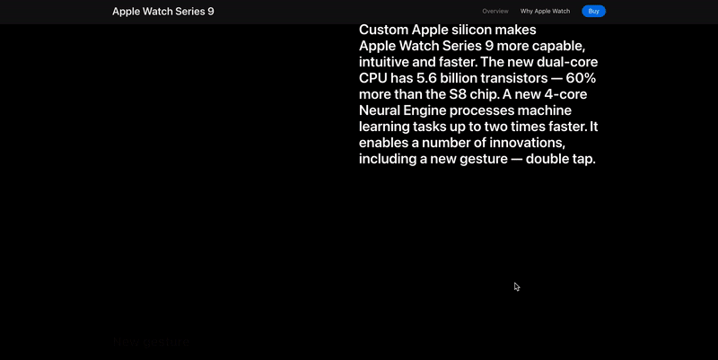 Целевая страница Apple Watch Series 9 — взаимодействие двойным касанием при прокрутке