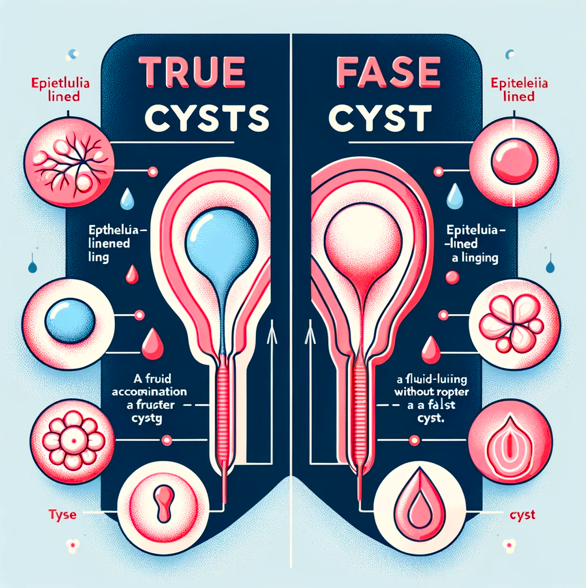 Инфографика, наглядно объясняющая разницу между истинными и ложными кистами, с использованием контрастных цветов и иконок для выделения характеристик каждого типа.
