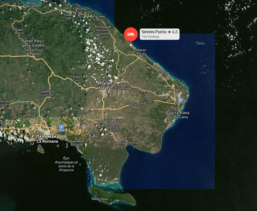 Восточная часть Доминиканы, вверху отель Сиренис. Справа - Пунта Кана, над ней чуть выше Баваро. Внизу - остров Соана, левее от него Ла Романа.