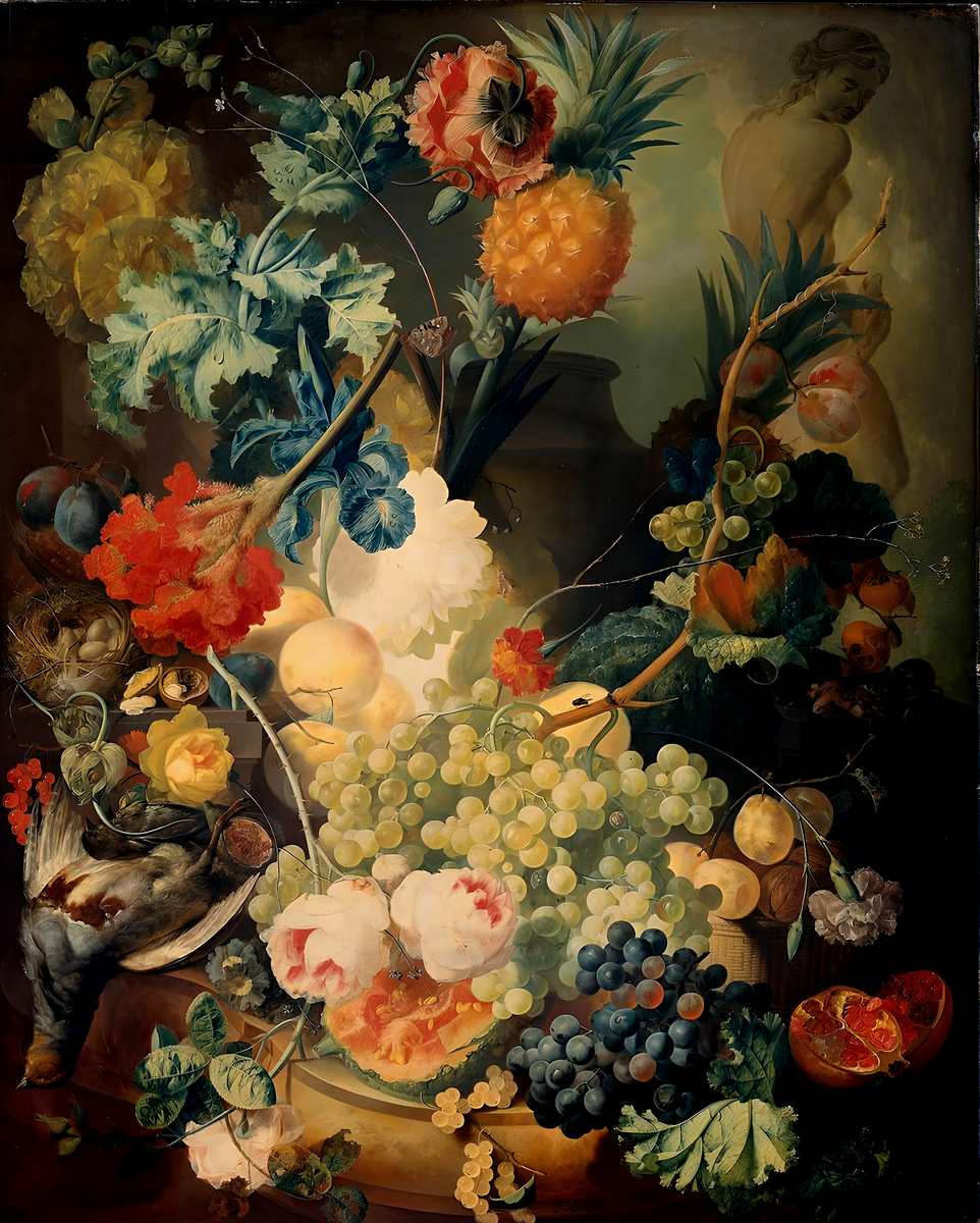 Ян ван Ос, «Натюрморт с цветами, фруктами и домашней птицей», 1774, холст, масло, частная коллекция