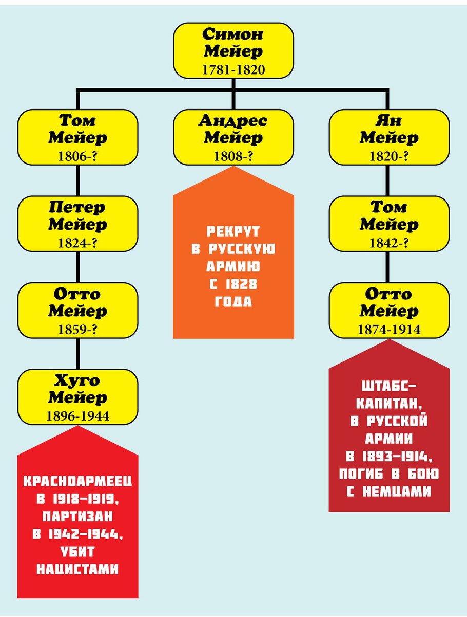 Схема родства партизана Хуго Мейера, рекрута Андреса Мейера и штабс-капитана Отто Мейера. Составил Александр Ржавин, 24 февраля 2024 года.