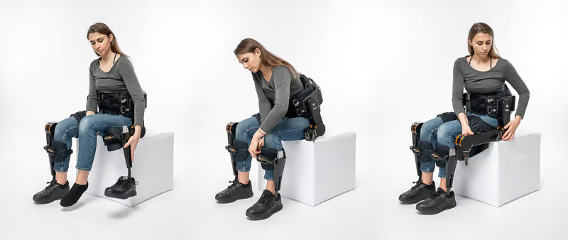 Доступны различные размеры опор для стопы и лодыжки, а также размер экзоскелета можно регулировать с помощью телескопических соединений, прилегающих к бедренной и большеберцовой кости. Итальянский институт технологий.