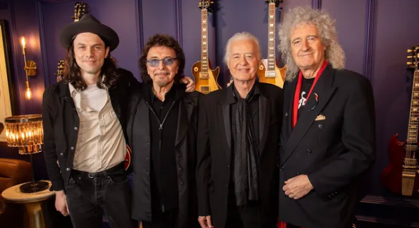 На открытии магазина Gibson - Джеймс Бэй, Тони Айомми, Джимми Пейдж, Брайан Мэй.