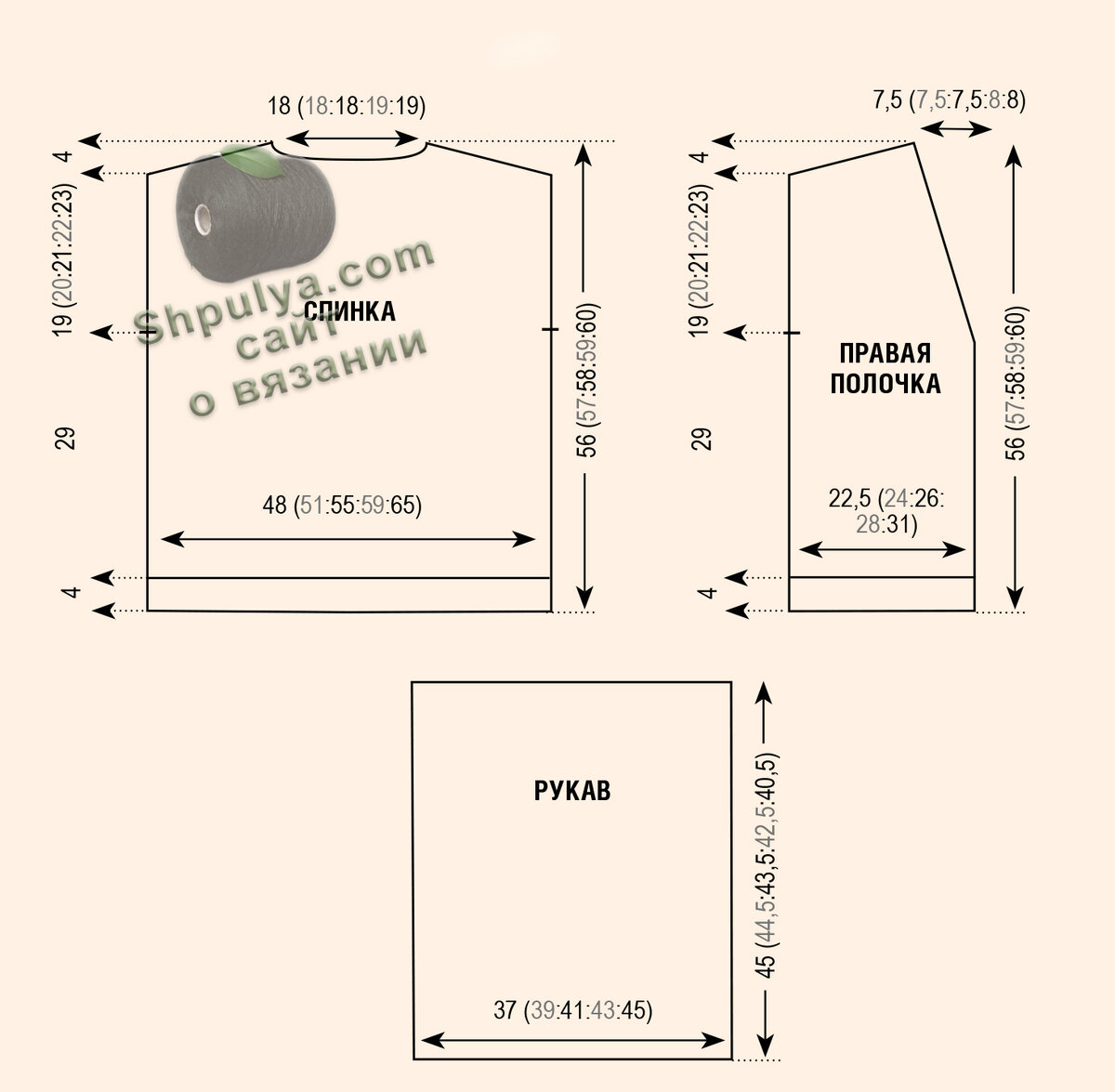 Выкройка вязаного женского кардигана спицами