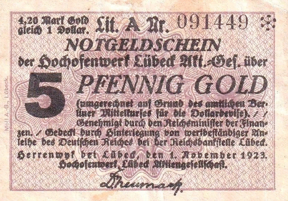 Херренвик. Любексое общество доменных печей. 5 золотых пфеннигов 1923