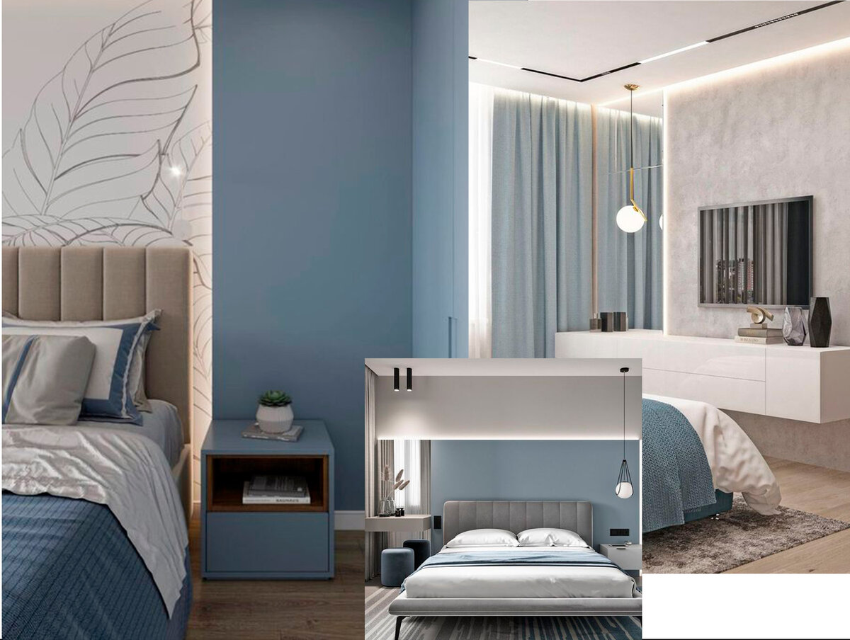 Голубой в отделке стены и текстиле