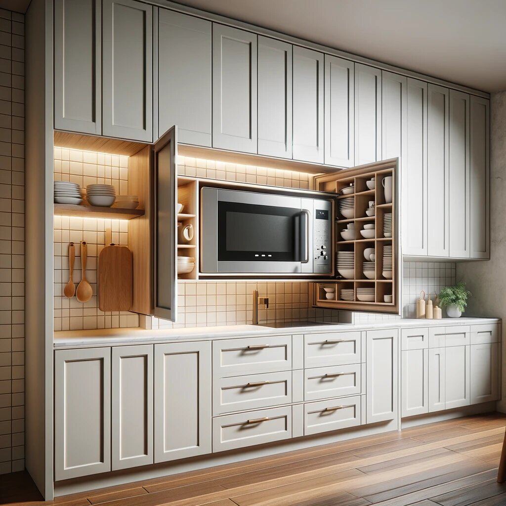 Микроволновая печь во встроенном шкафу.