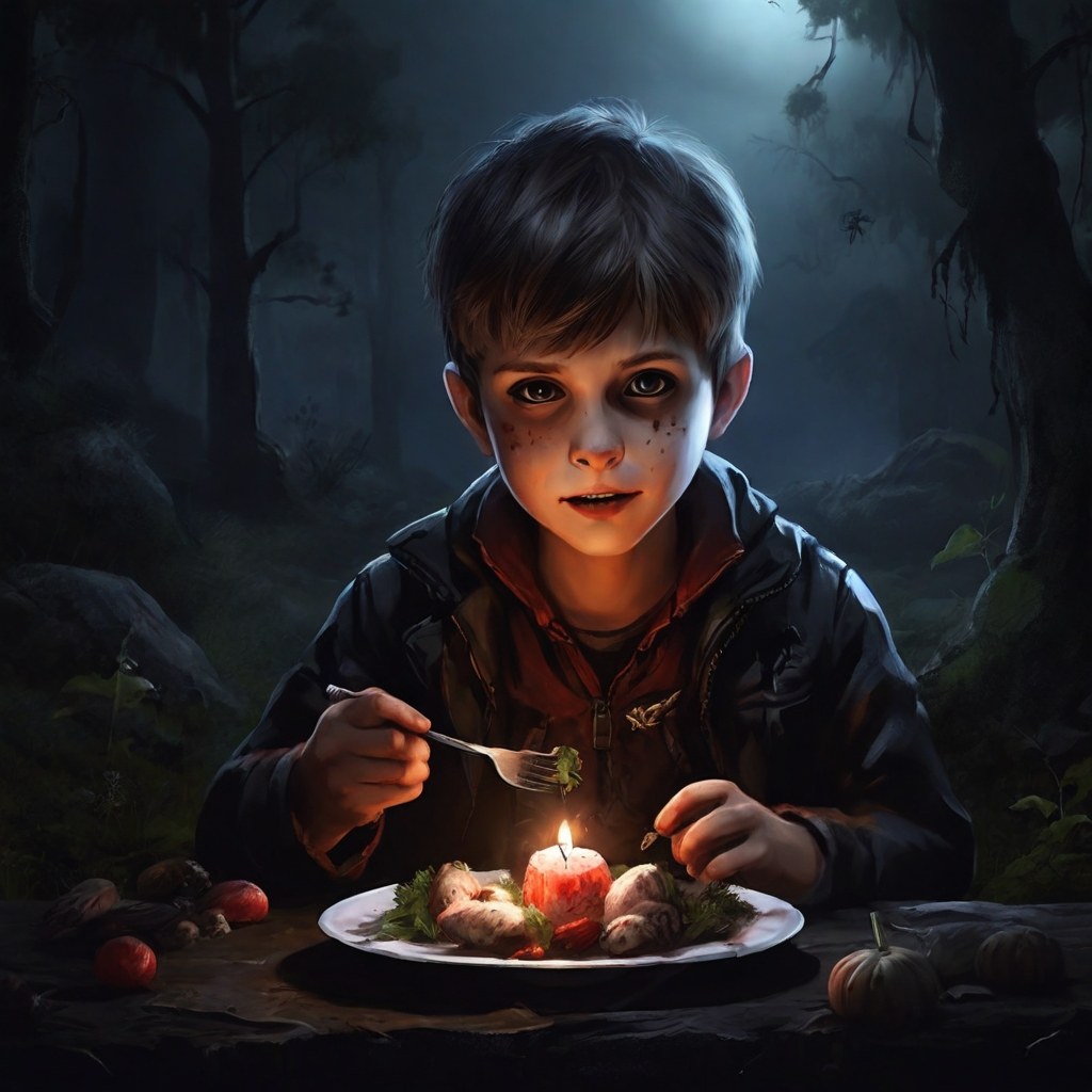 нейросеть не может сгенерировать как мальчик пьет кровь кролика, поэтому у Сашки обед при свечах в лесу))))