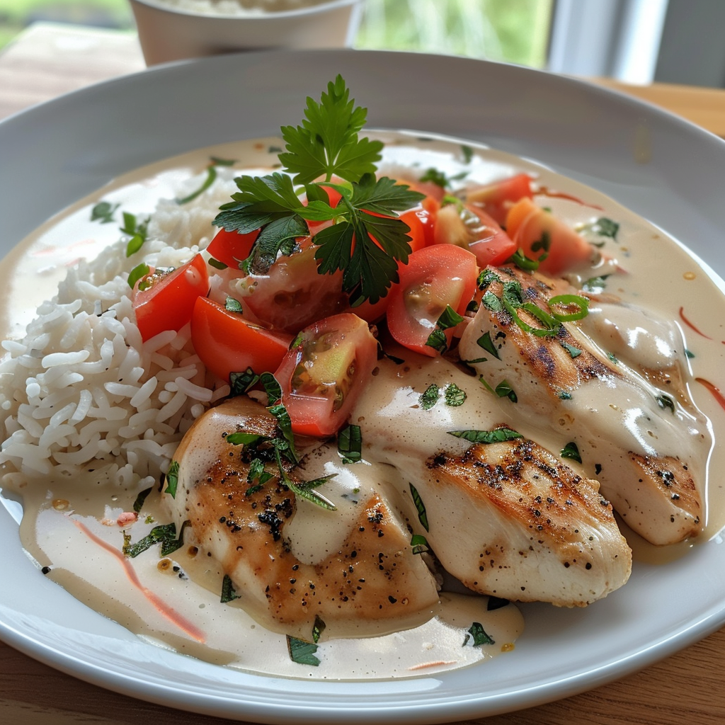 Куриное филе с рисом в сметанном соусе