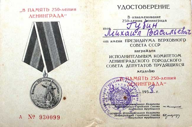Удостоверение к медали М.В. Губина «В память 250-летия Ленинграда»