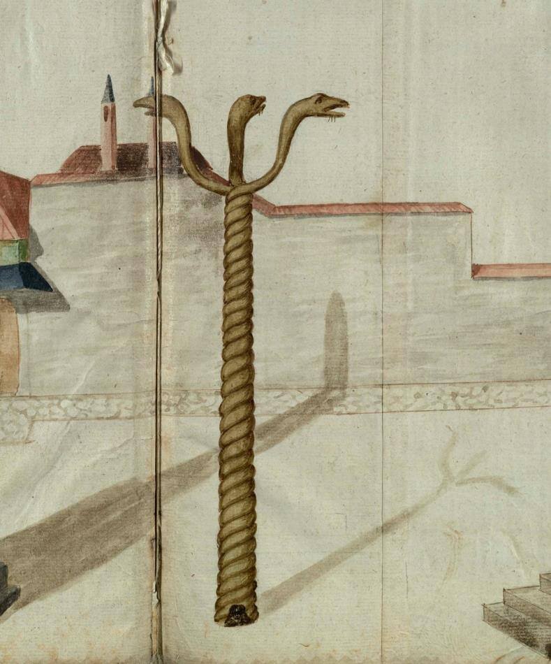 Змеиная колонна в Константинополе.  1574 г. Автор неизвестен. Библиотека Тринити-колледжа, Кембридж. 