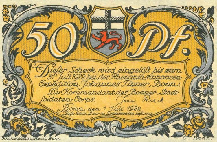 Нотгельд "Боннский городской солдатский корпус", 50 пфеннигов 1922