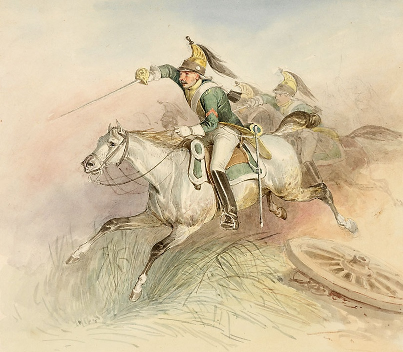 Adam A (1786-1862) Schlachtenszene aus den Napoleonischen Kriegen mit angreifenden französischen Dragonern (Сцена сражения из Наполеоновских войн с атакующими французскими драгунами).