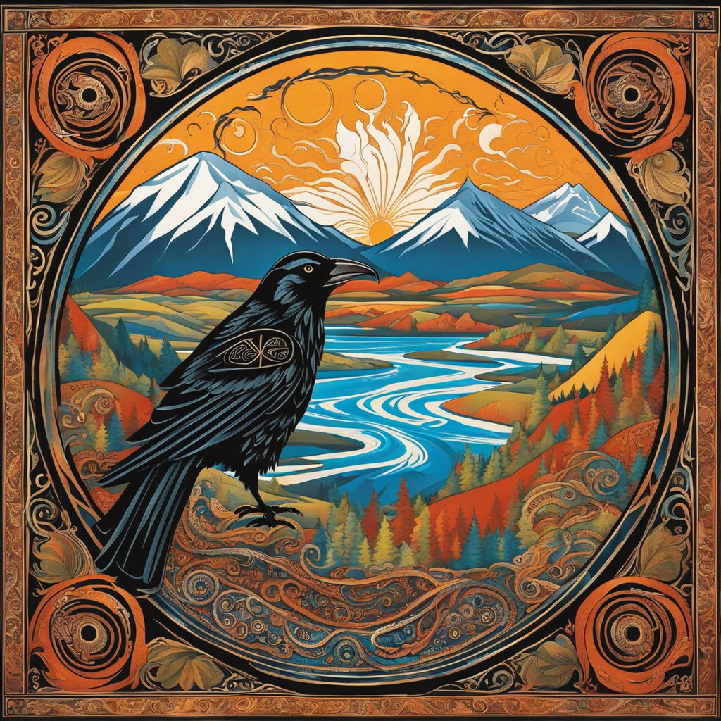 Эта иллюстрация символизирует легендарную фигуру Кутха из мифов Камчатки, изображенного в образе бога-творца в виде ворона. На фоне видны горы и реки, а также коренные жители и дикая природа в гармоничной сцене, что создает символичную и мистическую атмосферу.