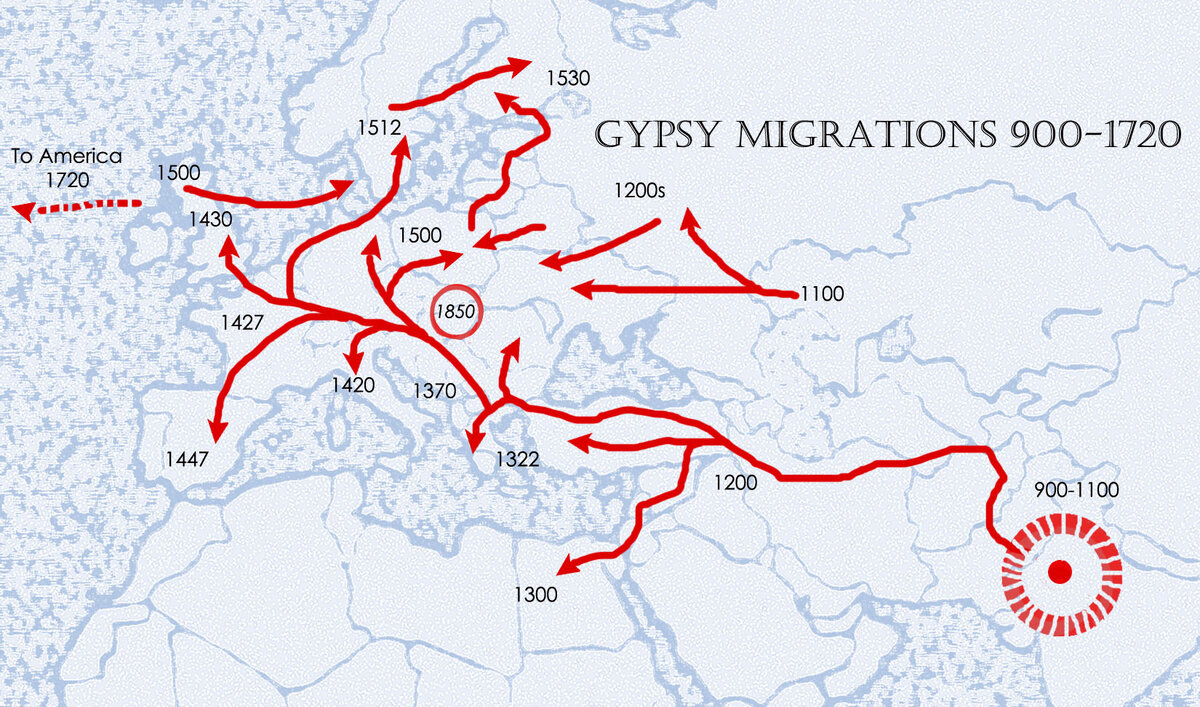 Карта  миграции  цыган