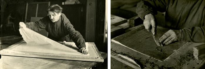 Слева: на нанесенный новый переводной грунт наклеивается марля. Реставратор И.И. Васильев Справа: перевод с дерева. Удаление авторской деревянной основы