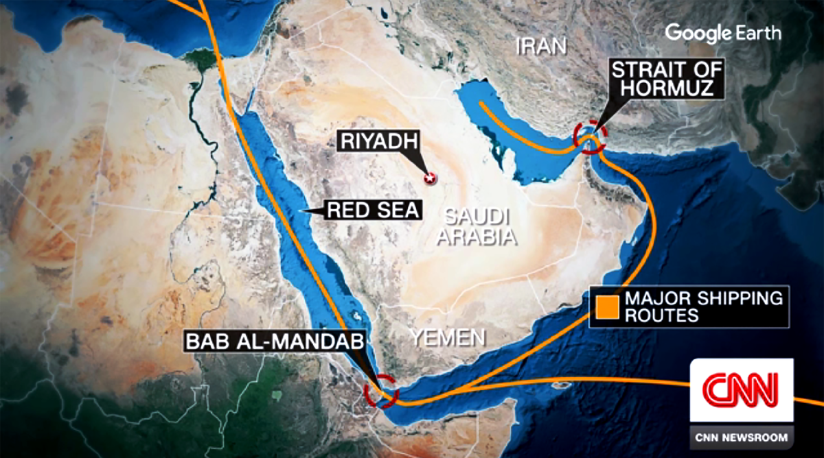 Карта главных торговых маршрутов, проходящих через Ормузский и Баб-эль-Мандебский проливы. Источник: CNN 