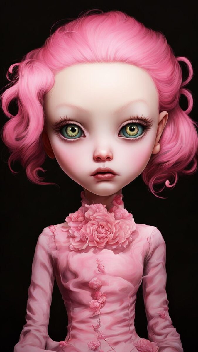 "The painting depicts a doll with pink hair, made in the style of pop surrealism. This style is characterized by low quality and carelessness in execution, however, despite this, the painting has high detail, which is a characteristic feature of Mark Ryden's style. Inspired by his work, Bipla and Jeremy Ketner have created their own style of pop surrealism, which differs from the original and adds new elements to it.", стиль: artstation