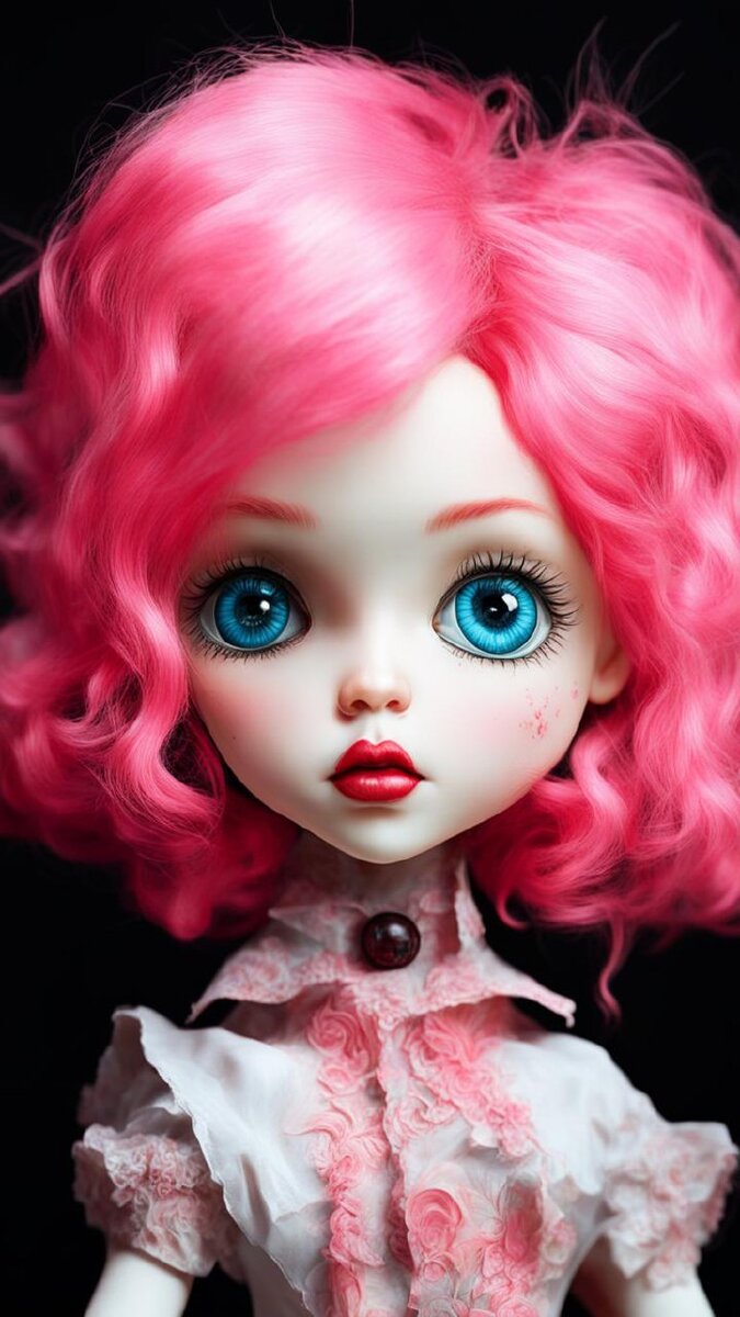 The painting depicts a doll with pink hair, made in the style of pop surrealism. This style is characterized by low quality and carelessness in execution, however, despite this, the painting has high detail, which is a characteristic feature of Mark Ryden's style. Inspired by his work, Bipla and Jeremy Ketner have created their own style of pop surrealism, which differs from the original and adds new elements to it."Colored Pencil, Airbrush, Gouache Paint", стиль: 4k