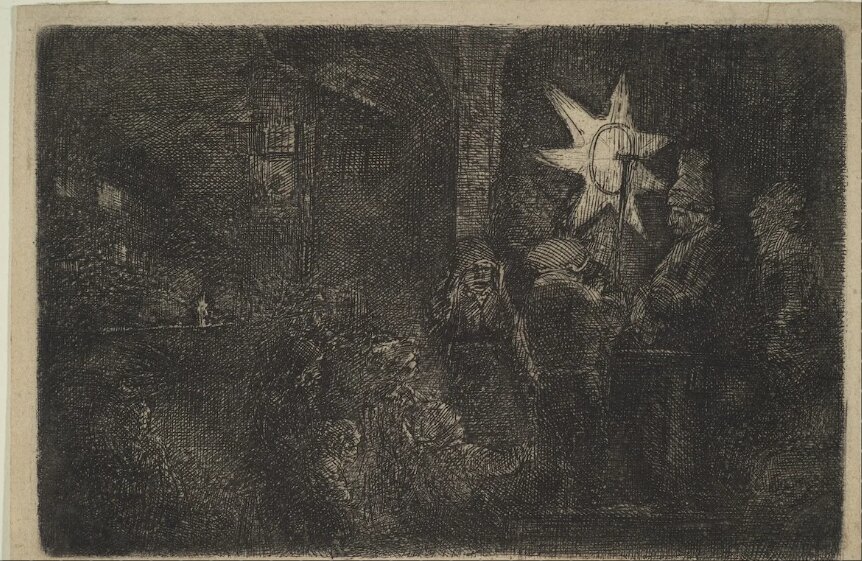 Офорт Рембрандта "Звезда королей: ночное произведение", 1651. (Музей Метрополитен)