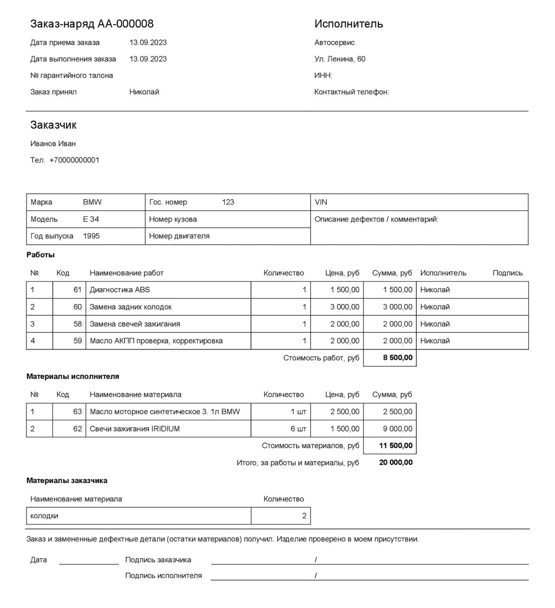Образец заказ-наряда на ремонт автомобиля