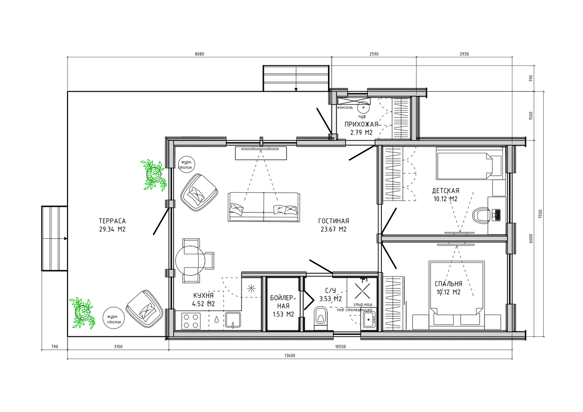 Планировка барнхаса общей площадью 95м2, строится для последующей сдачи в аренду