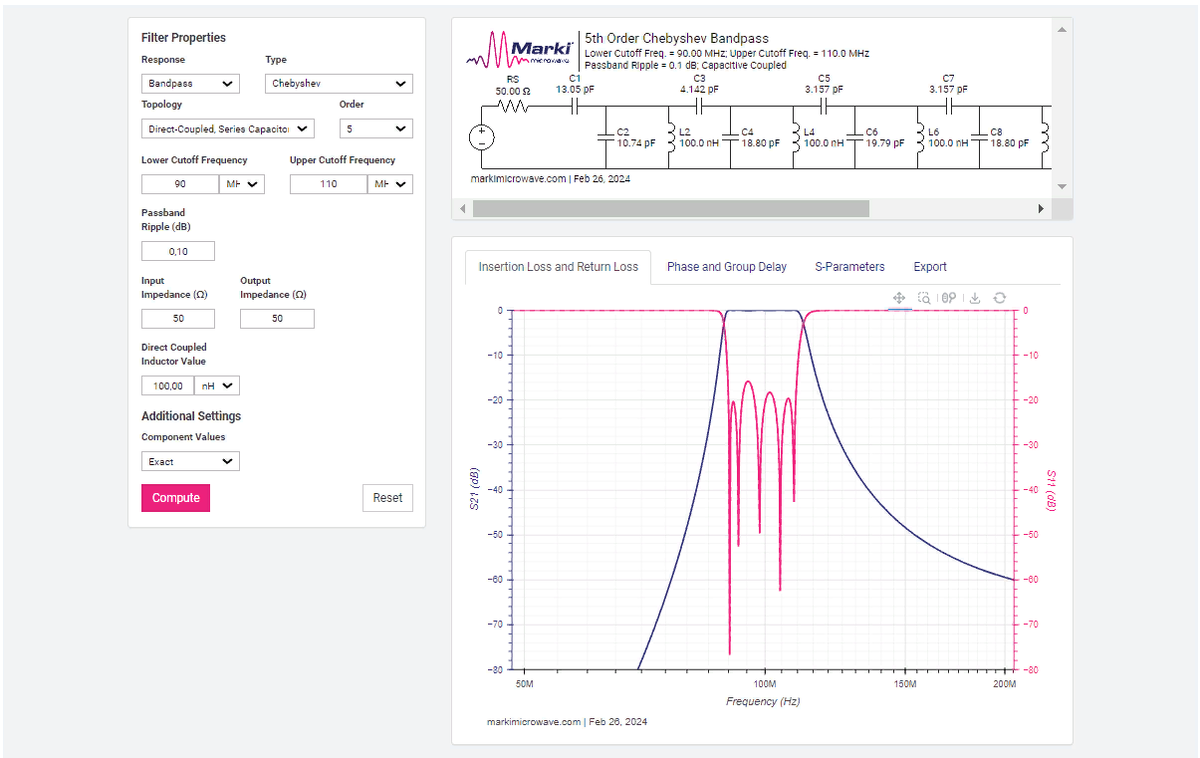 Интерфейс LC Filter Design Tool