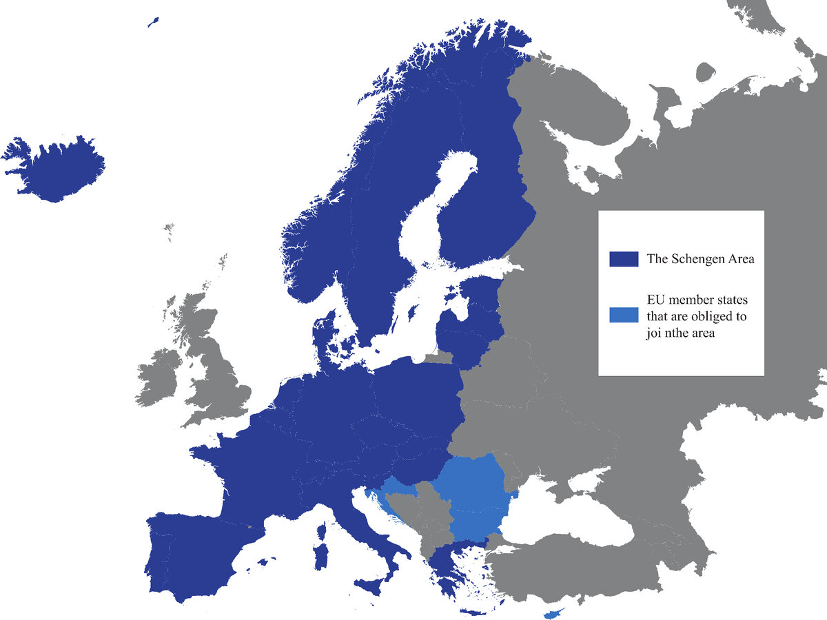 Темно-синим обозначена Шенгеская зона. Светло-синим страны-члены ЕС, которые обязаны присоединиться к зоне Шенгена