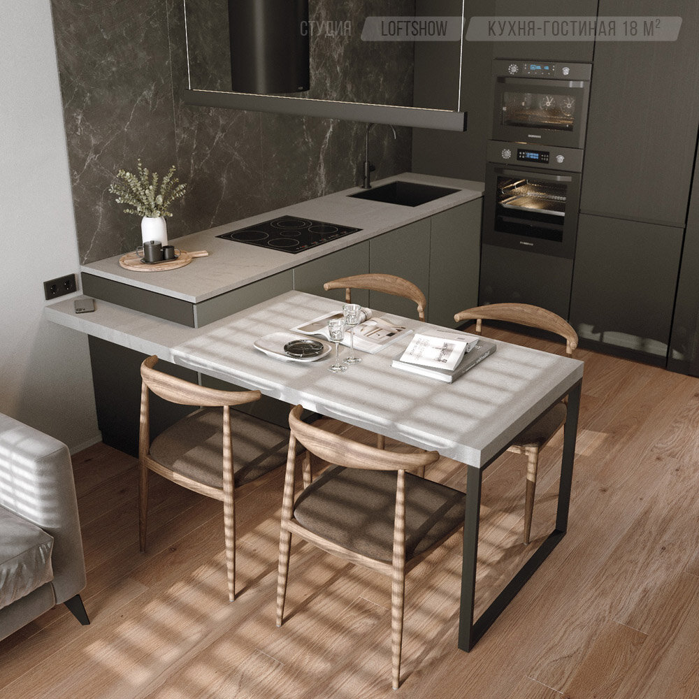 На кухонном фартуке черный керамогранит, плитка 119.8 x 59.8 см, польская фабрика Tubadzin, коллекция Grand Cave