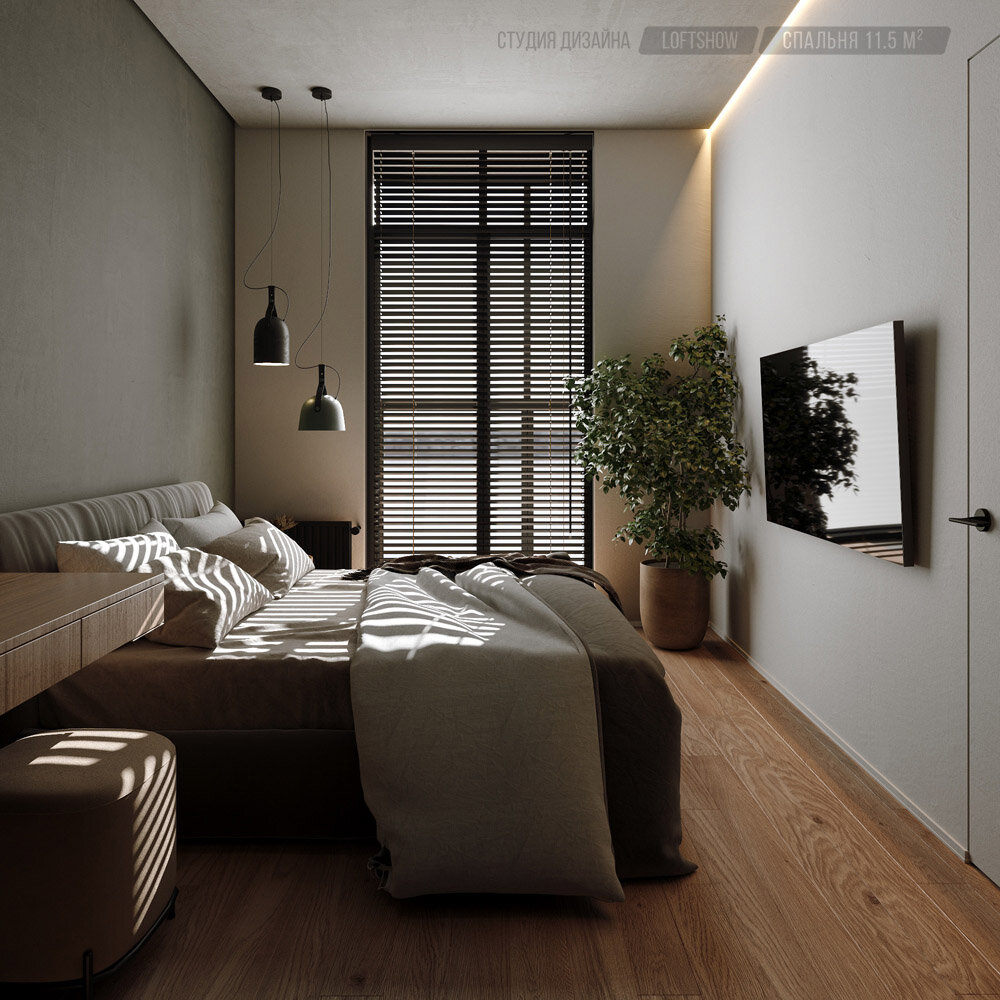 интерьер спальни с жалюзи