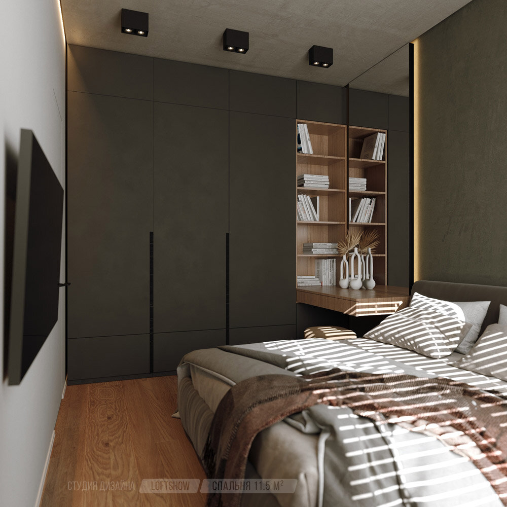 темный встроенный шкаф в спальне