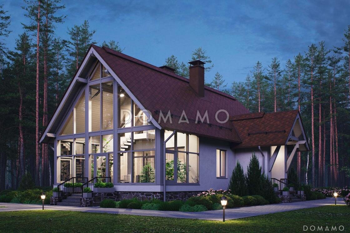 Проект D5677 — дом со стеклянной стеной и чердаком 