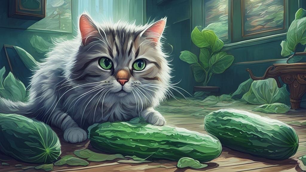 Кошки боятся огурцов. Изображение сгенерировано с помощью ИИ.
