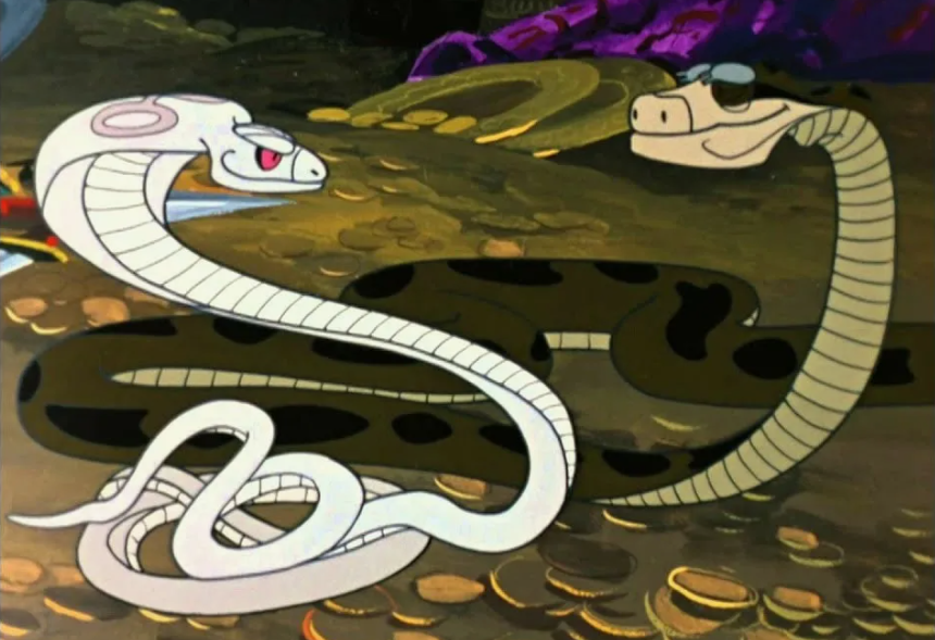 Кадр из мультфильма "Маугли": белая кобра Нагайна и питон Каа