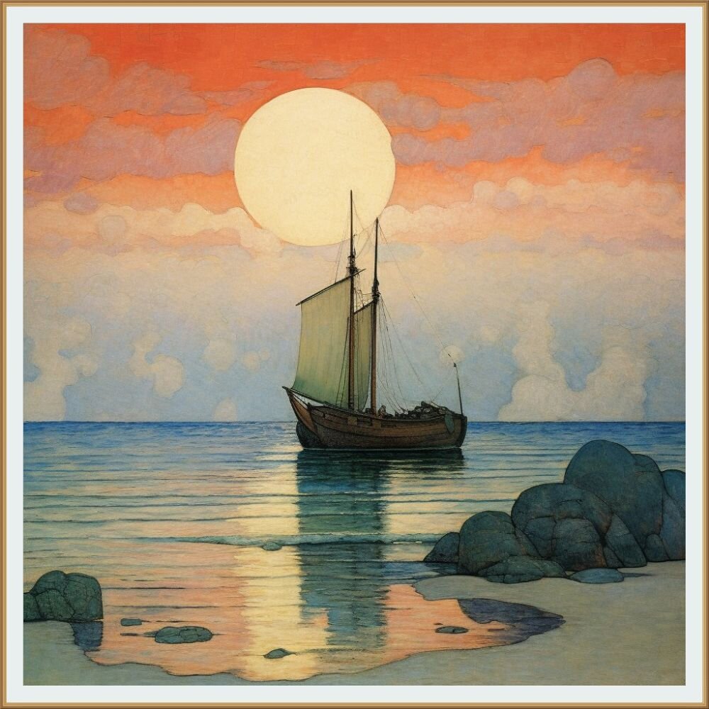       / A lone sailboat on the background of a large moon/  Kaoru Yamada Creation /    