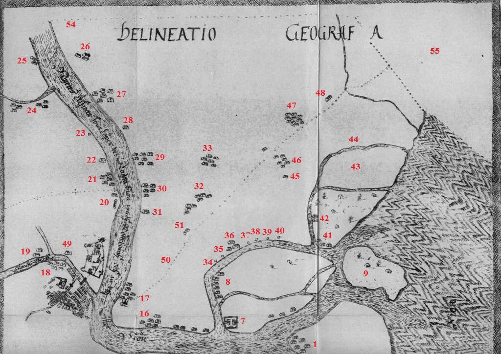 Верхняя часть карты. Без надписей, названия заменены цифрами.