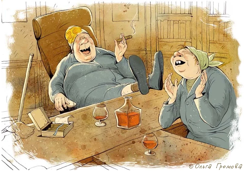 "Ночная уборка в офисе", карикатура Ольги Громовой (olgagromova.ru)