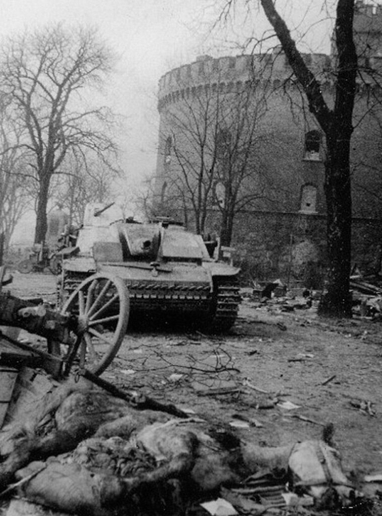 StuG III Ausf.G с полевыми доработками. Уничтоженное орудие имеет обломанный ствол или, возможно, это StuH 42.